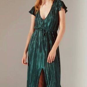 Miranda Metallic Pleated Green Midi Dress XS